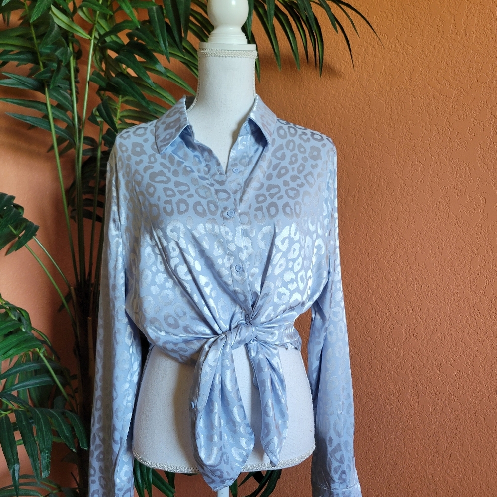 3/$25 Shein Button Up Blouse Satin Baby Blue Silver Animal Print Shimmer XL